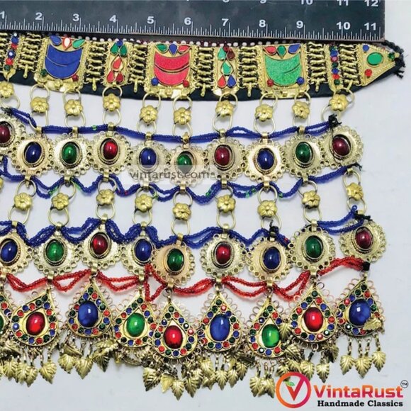 Multicolor Big Unique Choker Necklace, Old Kuchi Afghan Choker Necklace - Picture 11 of 12